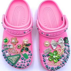 Light Pink with Green Bling Clogs Adult